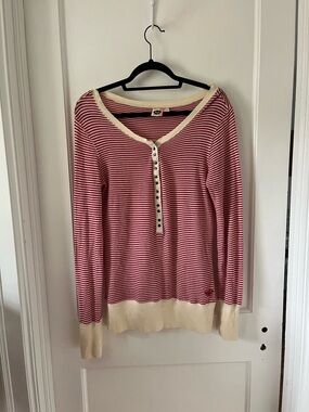 Roxy Striped Red and Cream Long-Sleeve Henley Top